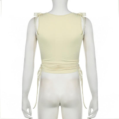 Bowknot ribbon ruched crewneck crop top