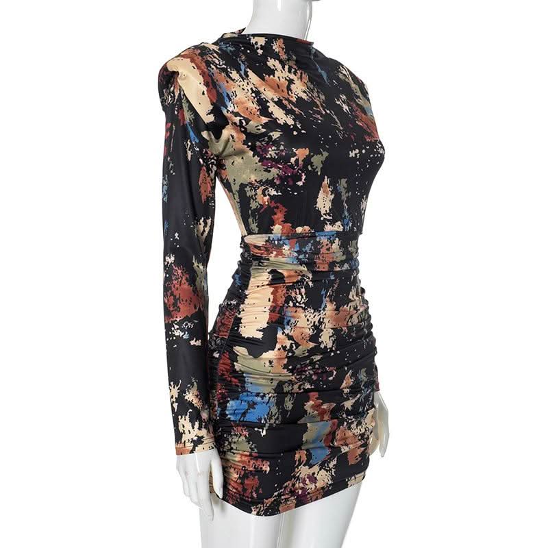 Long sleeve ruched tie dye print crewneck mini dress