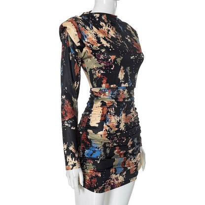 Long sleeve ruched tie dye print crewneck mini dress