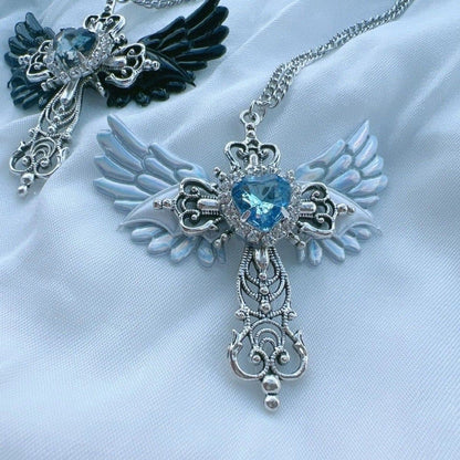 Cross pendant rhinestone metal chain necklace