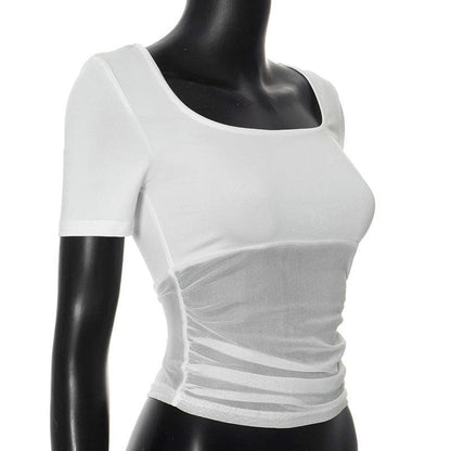 Short sleeve square neck mesh patchwork top