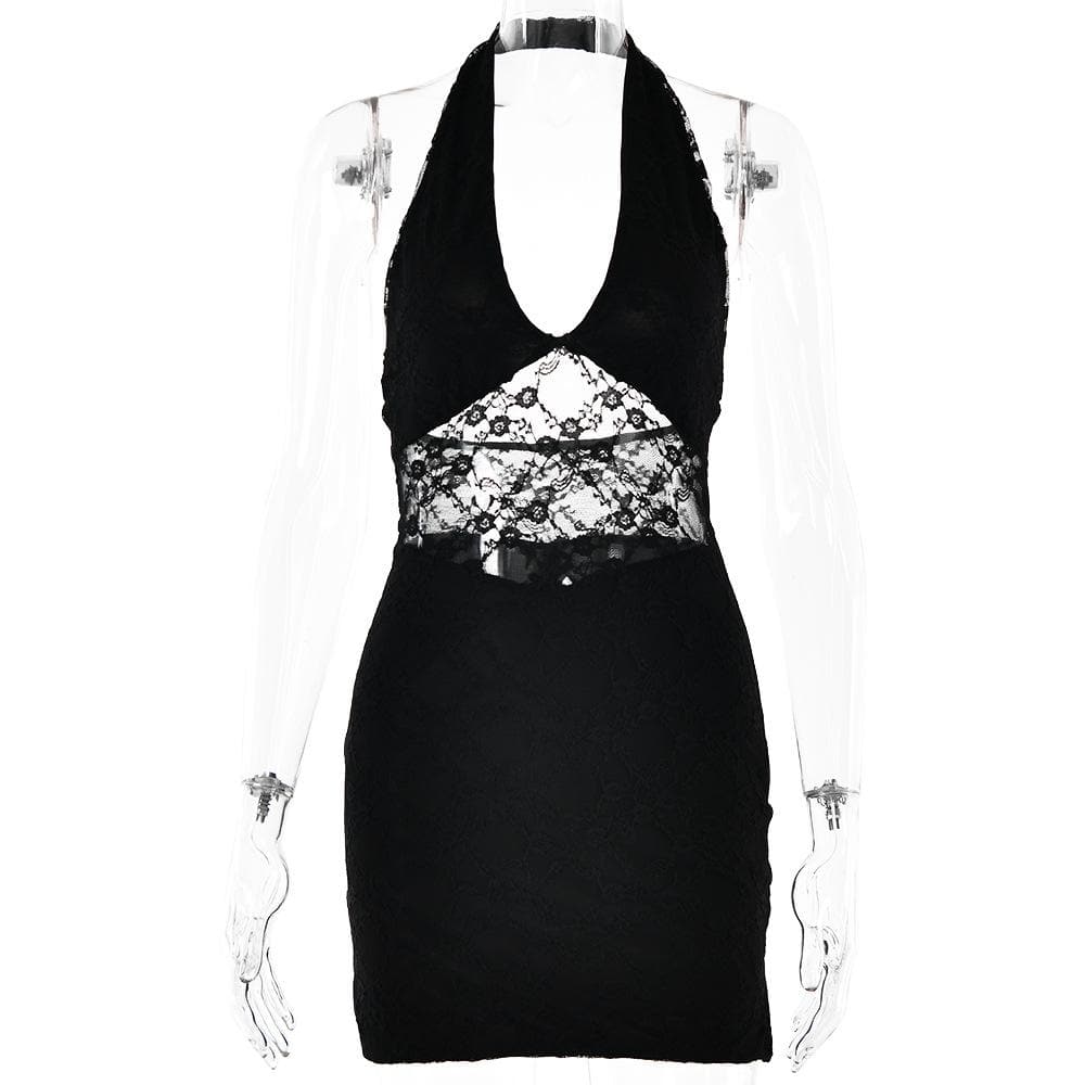 Halter lace patchwork v neck backless mini dress