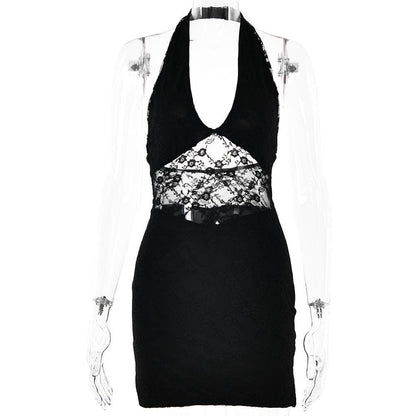 Halter lace patchwork v neck backless mini dress