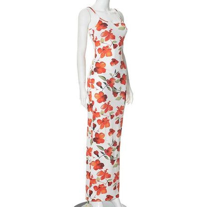 U neck backless slit flower print cami maxi dress