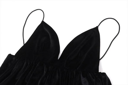 V neck velvet backless cami mini dress