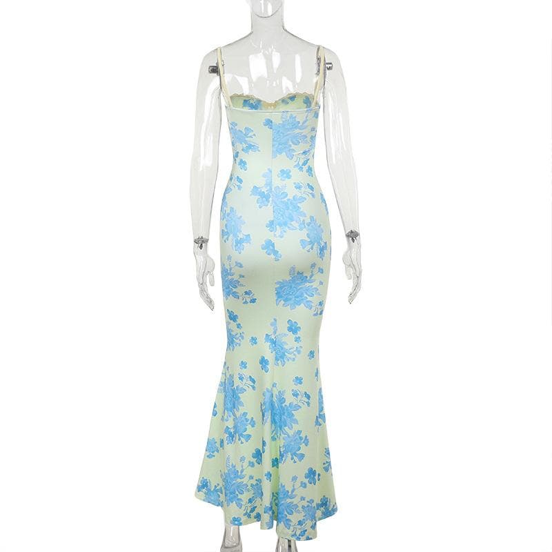 Sweetheart neck ruched lace hem flower print cami maxi dress