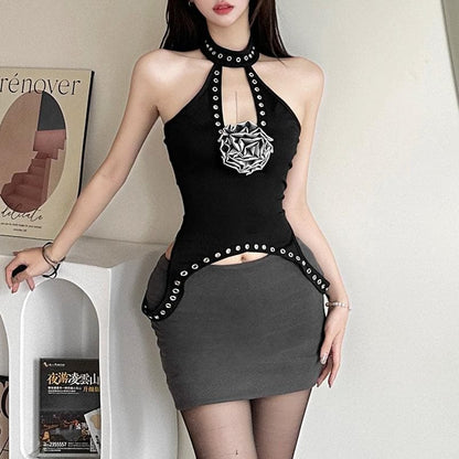 Halter flower applique solid hollow out cut out top