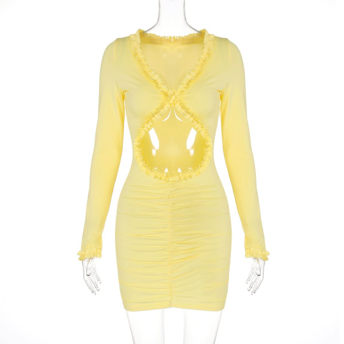 Long sleeve v neck hollow out ruffle cut out mini dress