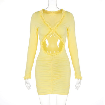 Long sleeve v neck hollow out ruffle cut out mini dress
