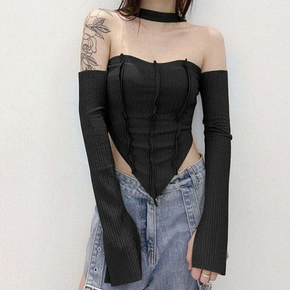 Long sleeve off shoulder patchwork halter top