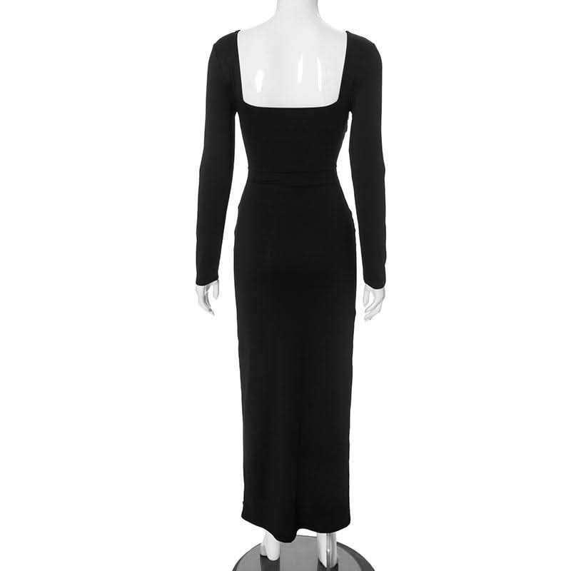 Slit long sleeve deep V neck print backless maxi dress