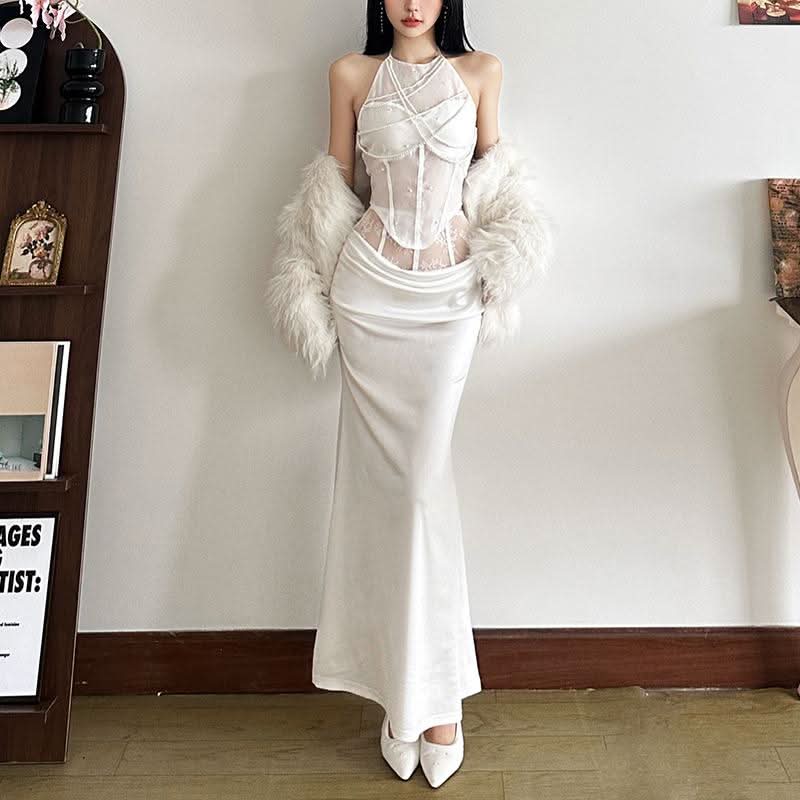 Halter beaded backless solid top