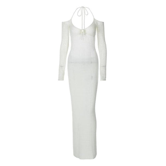 Long sleeve off shoulder halter knitted backless maxi dress-final-sale