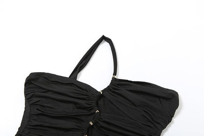 One shoulder hollow out metal applique cut out maxi dress