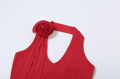 Halter backless flower applique solid top