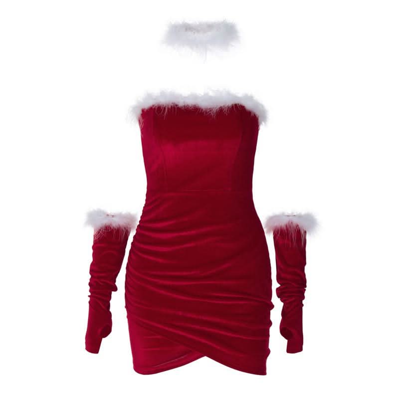 Ruched feather gloves backless tube mini dress