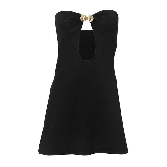 Metal applique hollow out solid tube cut out mini dress
