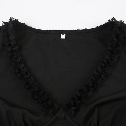 Long sleeve v neck ruffle button top
