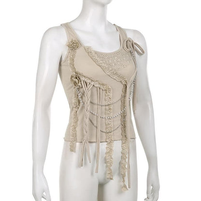 Metal chain sleeveless lace hem irregular solid top