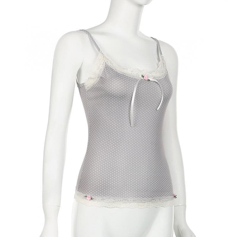 Lace hem polka dot rose applique cami top