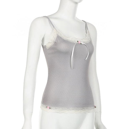 Lace hem polka dot rose applique cami top