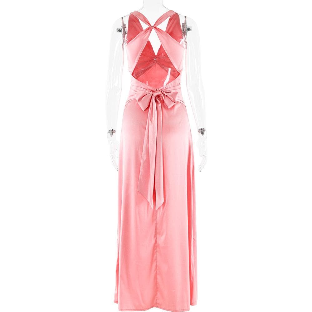 Ruched bowknot v neck satin cross back maxi dress