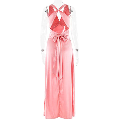 Ruched bowknot v neck satin cross back maxi dress