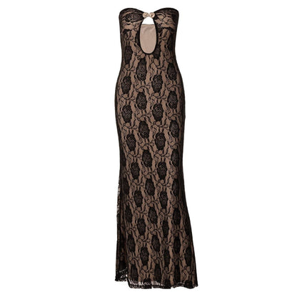 Metal applique hollow out lace tube cut out maxi dress