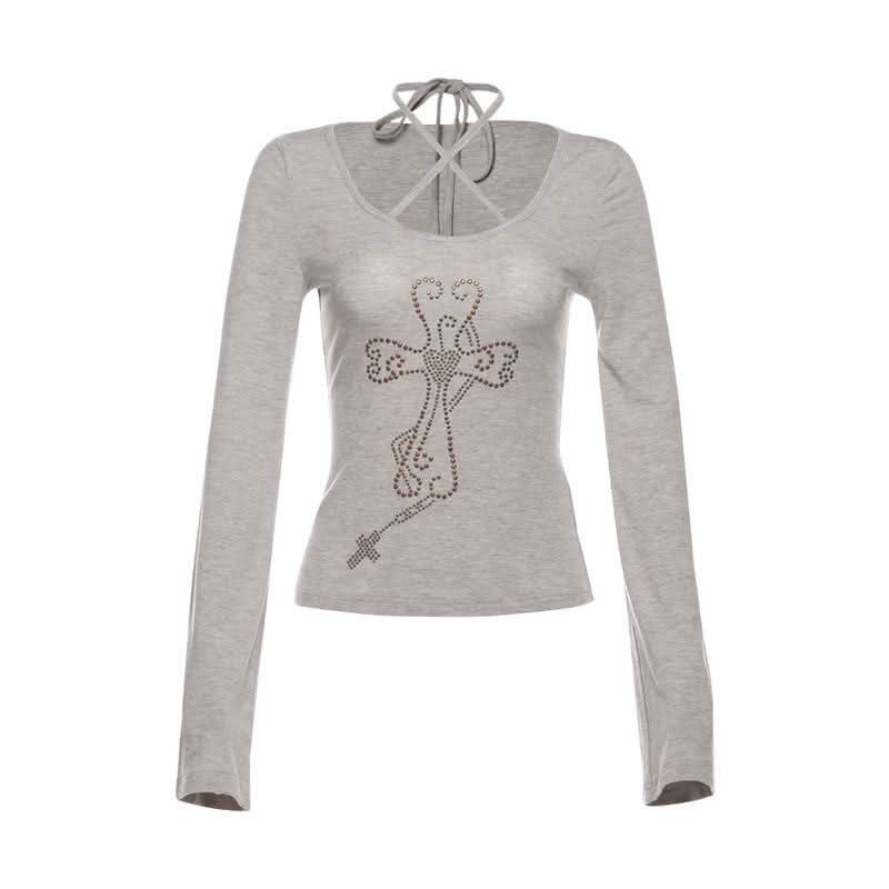 Halter long sleeve self tie beaded top