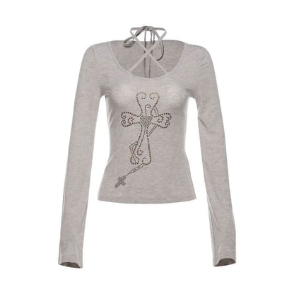 Halter long sleeve self tie beaded top