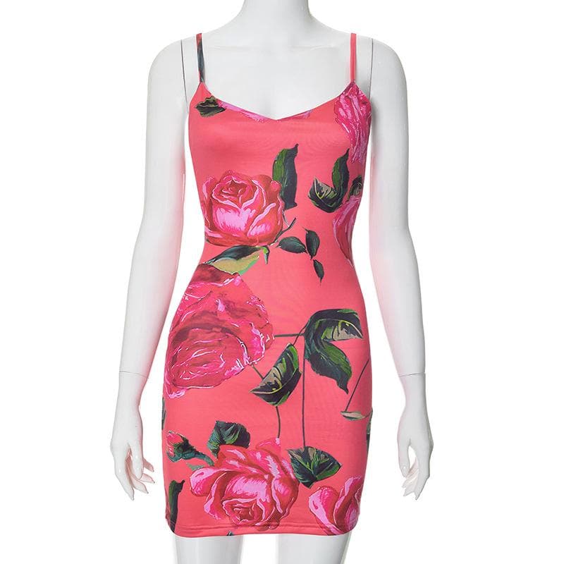 Rose print v neck backless cami mini dress