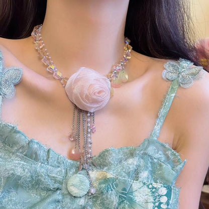 Pink flower decor tassels choker necklace