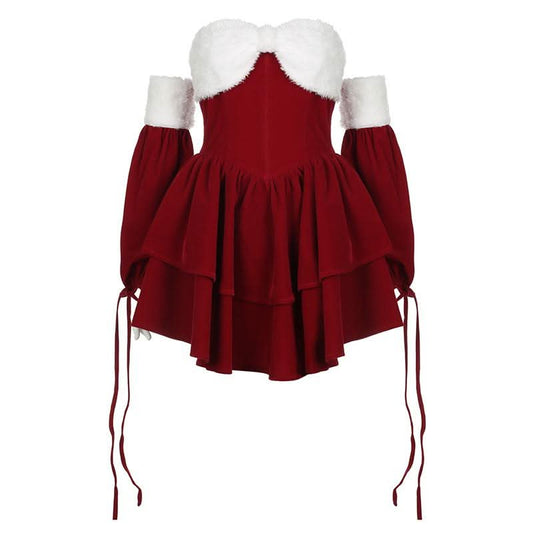 Fluffy sweetheart neck gloves fluffy self tie mini dress
