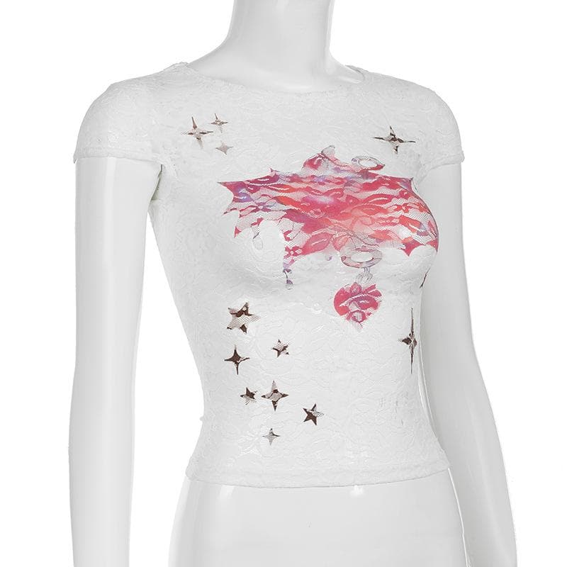 Cap sleeve round neck lace print top