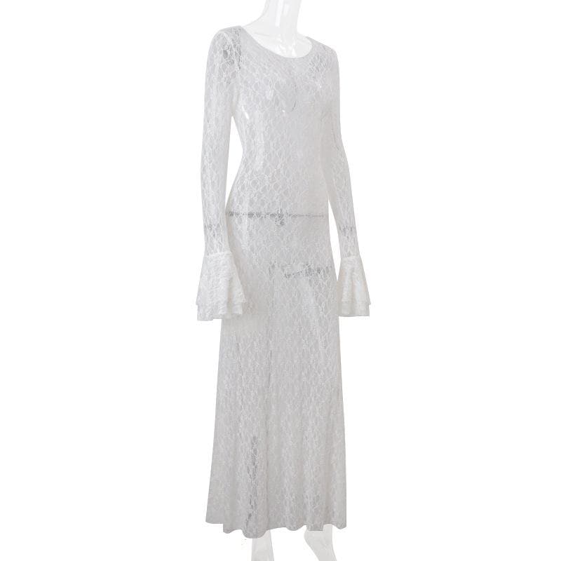 Long flared sleeve lace see through maxi dress