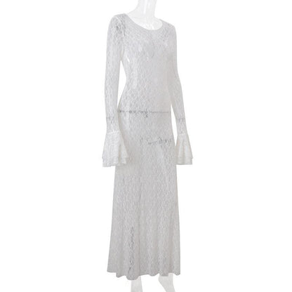 Long flared sleeve lace see through maxi dress