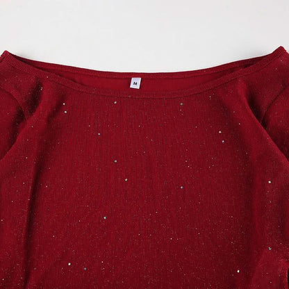 Crewneck long sleeve glitter crop mini skirt set