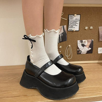Ruffle ribbed bowknot contrast socks