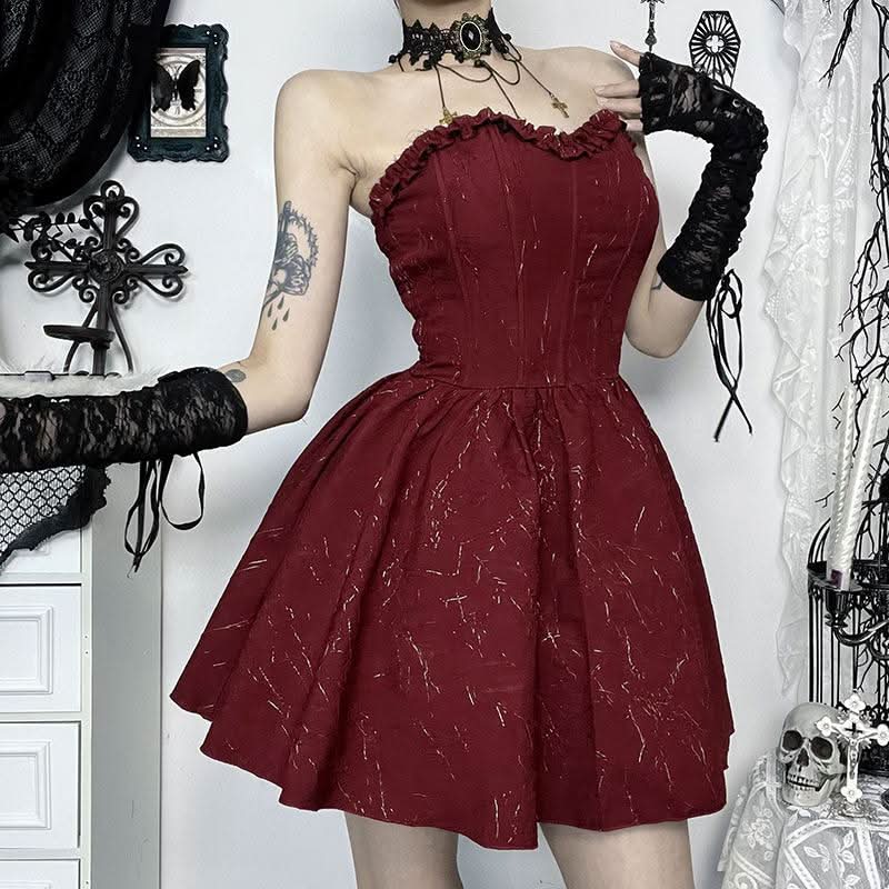 Ruched ruffle smocked corset sweetheart neck mini dress