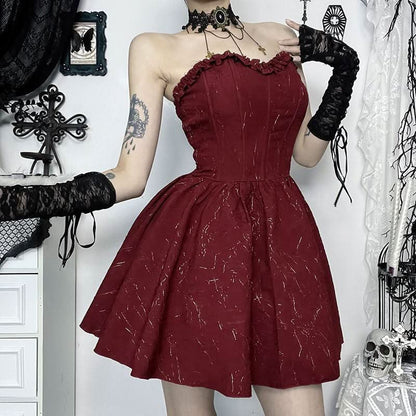 Ruched ruffle smocked corset sweetheart neck mini dress