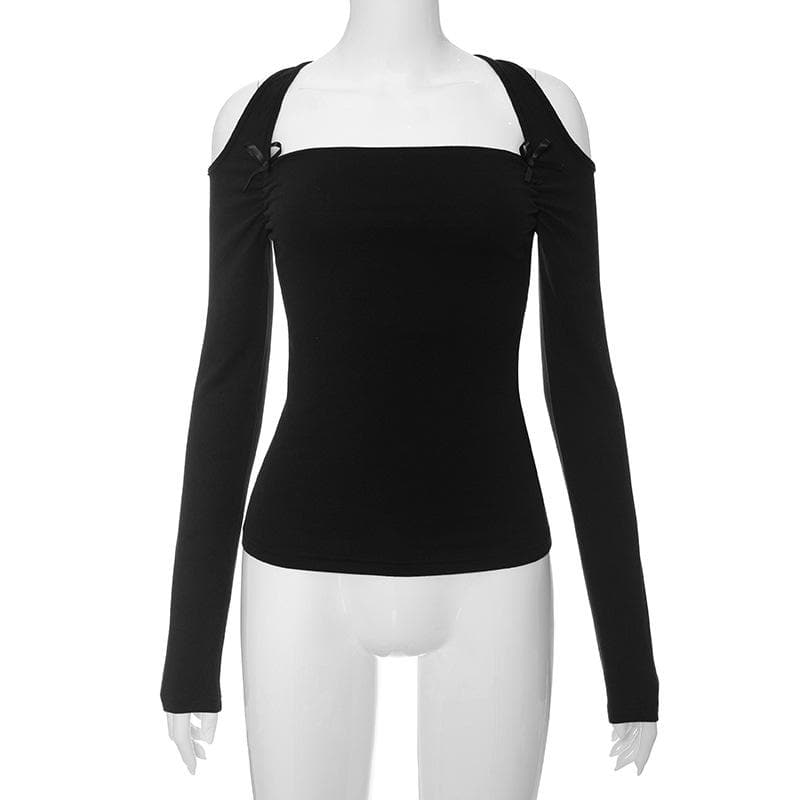 Ruched bowknot hollow out long sleeve solid cut out top