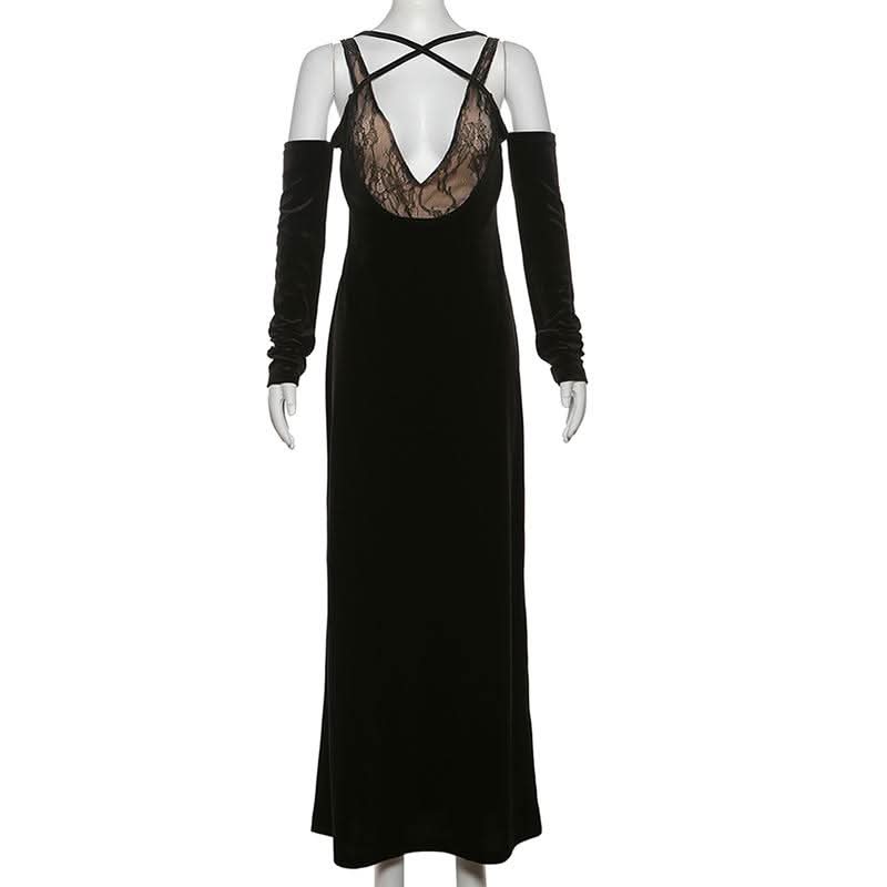 Off shoulder v neck velvet lace hem cami maxi dress