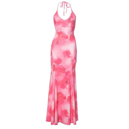 Halter rose print u neck backless self tie maxi dress