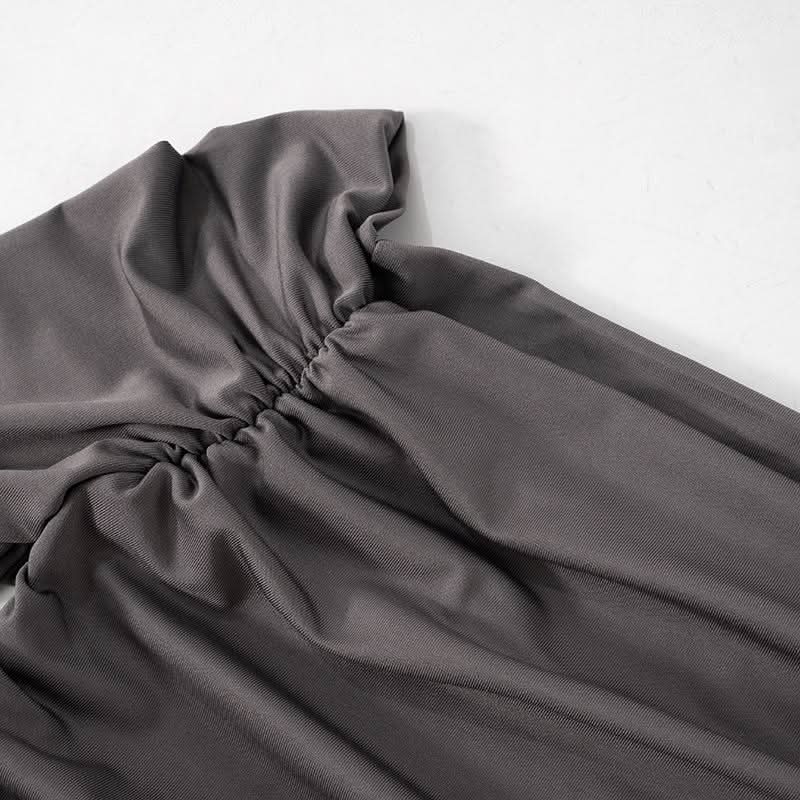 Off shoulder long sleeve slit ruched maxi dress