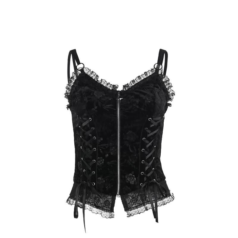 V neck lace hem zip-up ruffle lace up cami top