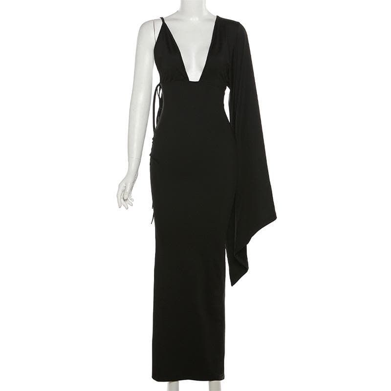 Deep V One Shoulder Angel Sleeve Mermaid Bodycon Maxi Dress