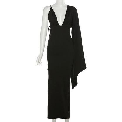 Deep V One Shoulder Angel Sleeve Mermaid Bodycon Maxi Dress