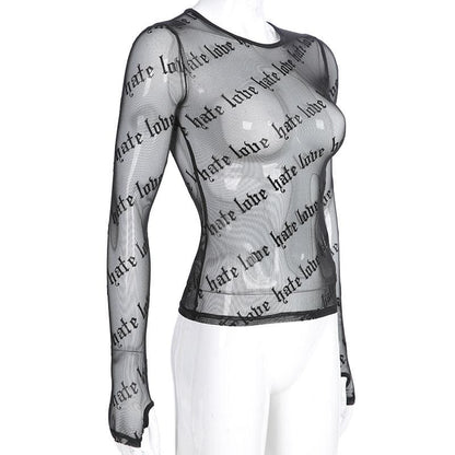 Sheer mesh "hate love" print see through solid long sleeve gloves top