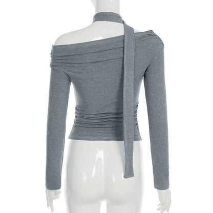 Off shoulder long sleeve ruched solid top