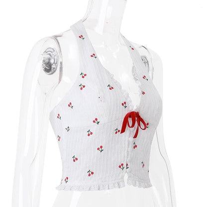 Halter fruit print button ruffle knotted textured top